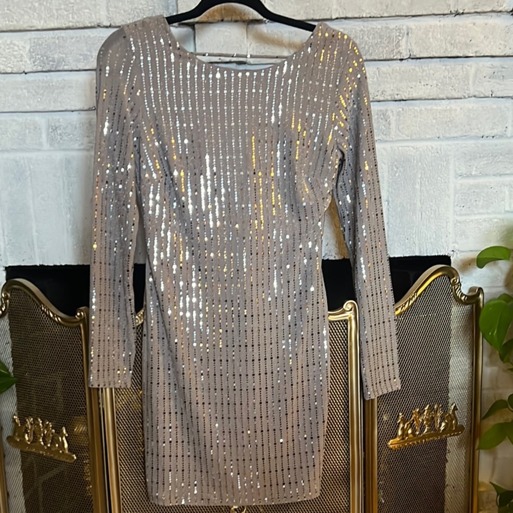 Silver Sequin Embellished Long Sleeve Cocktail Dress